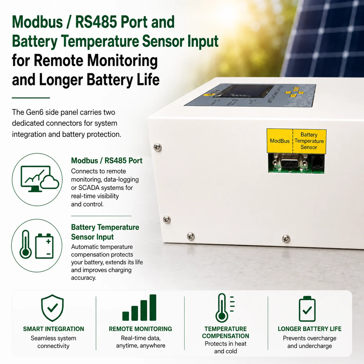 CC-MPPT-Gen6 side panel Modbus / RS485 port and battery temperature sensor input for remote monitoring, SCADA integration and longer battery life