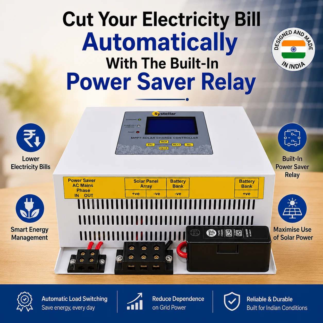 CC-MPPT-HV-300 built-in power saver relay cuts electricity bills with automatic solar and grid load switching, plus labelled solar array and battery bank terminals