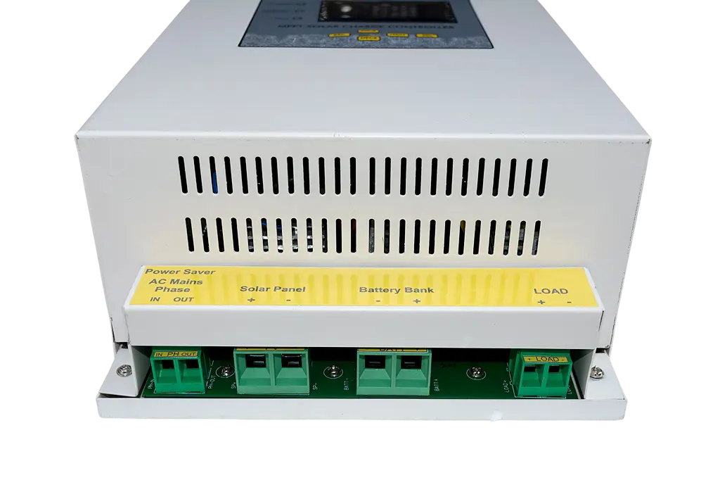CC-MPPT-Gen6 terminal block with AC mains Power Saver, solar panel, battery bank and load connections