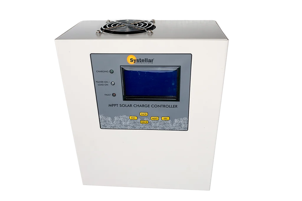 CC-MPPT-Gen6 industrial MPPT solar charge controller angled view with top cooling fan