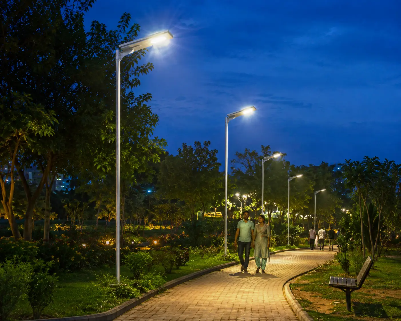 All-in-one solar street light in a park