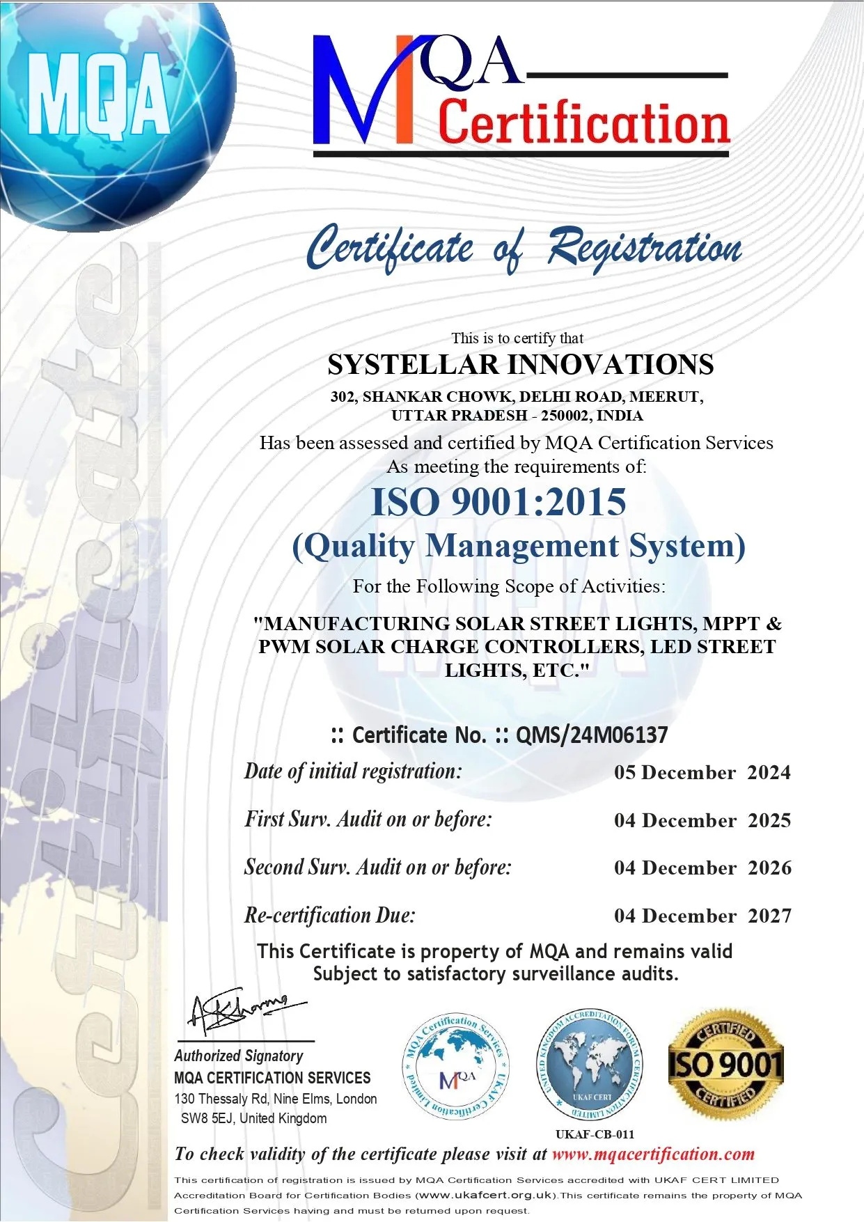 Systellar ISO 9001:2015 certificate