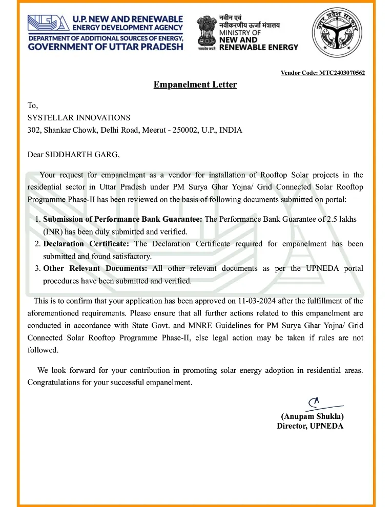 Systellar UPNEDA empanelment certificate