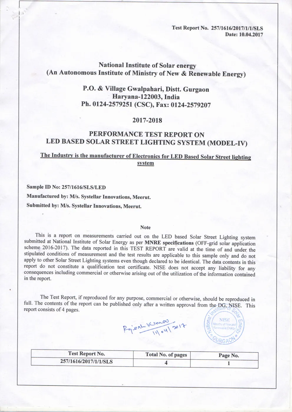 NISE test certificate for Systellar solar street light