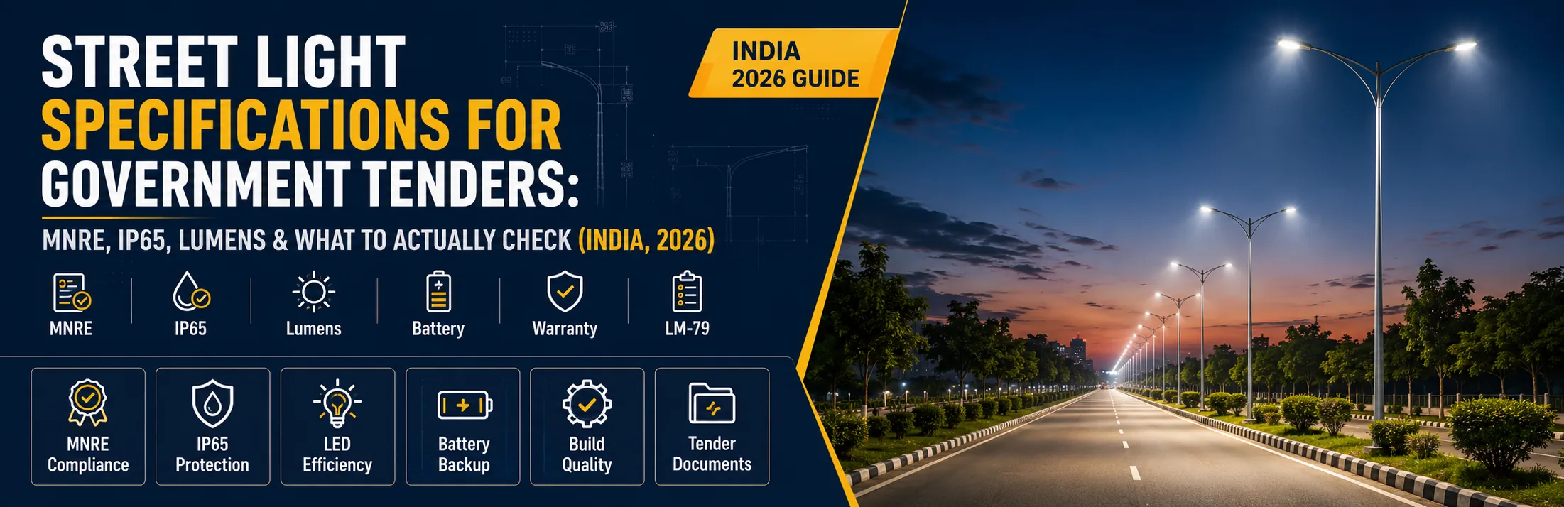 Street Light Specifications for Government Tenders (MNRE, IP65, Lumens)